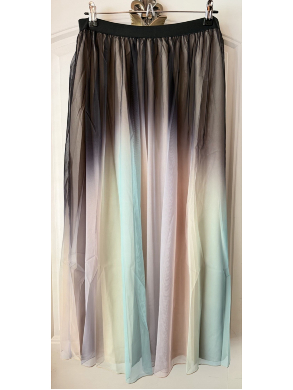 Listicle Ombre Tulle Maxi Skirt L Black Gray Blue Pink Lined Elastic Waist NWT